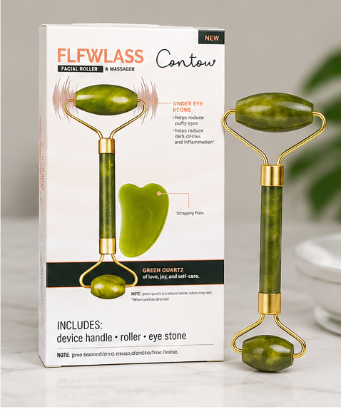 FLFWLASS Facial Roller & Gua Sha Set – Natural Green Quartz for Radiant Skin