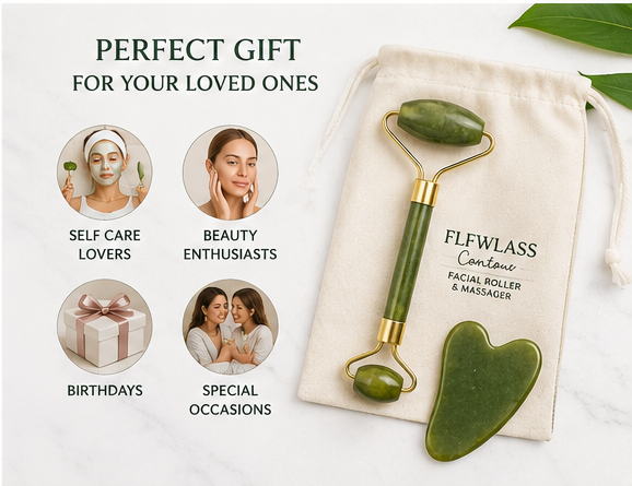 FLFWLASS Facial Roller & Gua Sha Set – Natural Green Quartz for Radiant Skin