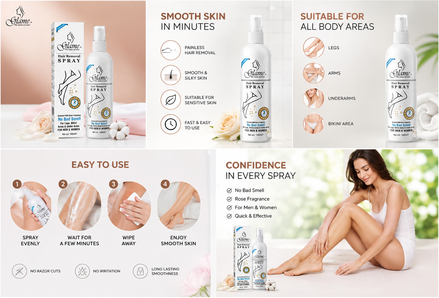 Glame Hair Removal Spray for Women & Men | Removes Body Tan | Painless & Irritation Free Body Hair Removal for Chest, Legs, Arms, Hands, Underarm & Back (140 ML)