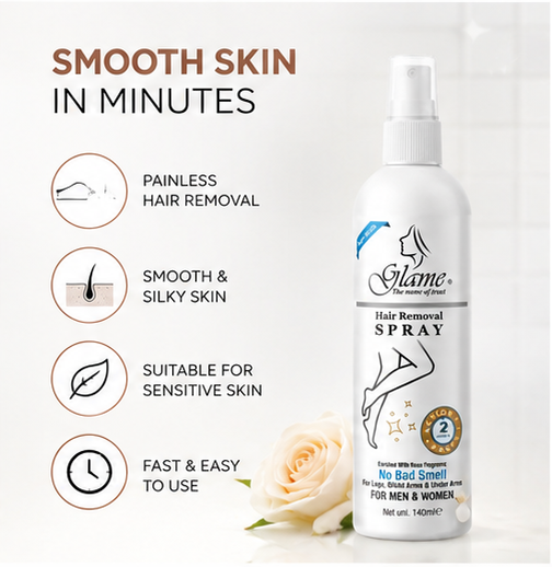 Glame Hair Removal Spray for Women & Men | Removes Body Tan | Painless & Irritation Free Body Hair Removal for Chest, Legs, Arms, Hands, Underarm & Back (140 ML)