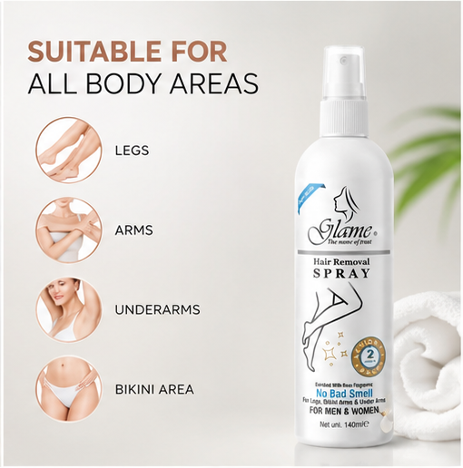 Glame Hair Removal Spray for Women & Men | Removes Body Tan | Painless & Irritation Free Body Hair Removal for Chest, Legs, Arms, Hands, Underarm & Back (140 ML)